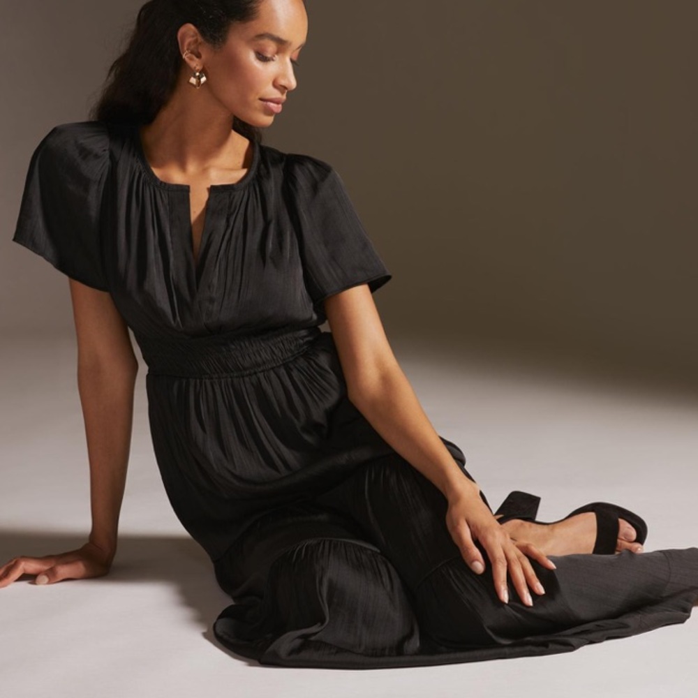 By Anthropologie The Somerset Maxi Dress Flutter Sleeves Tiered Silky Black